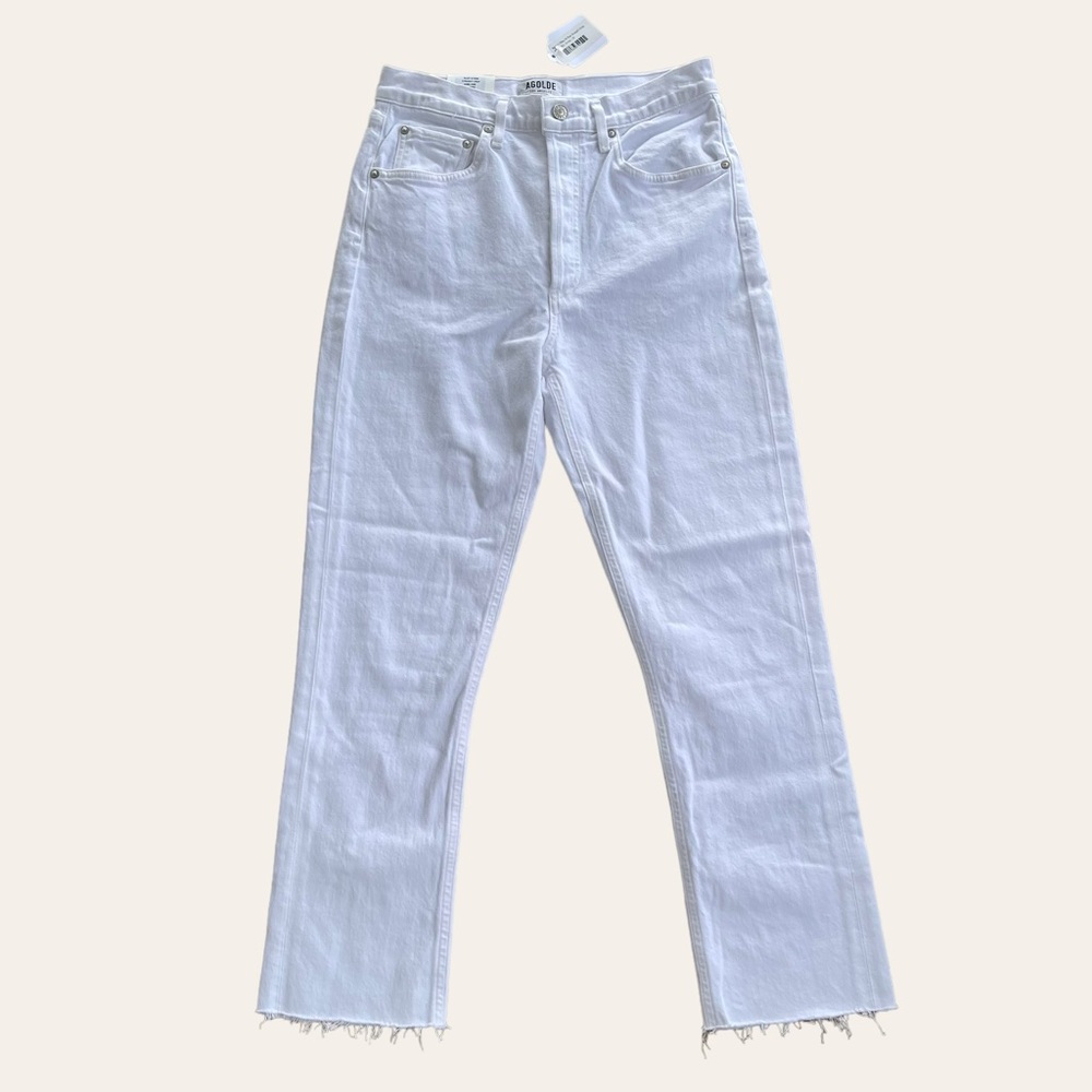 NWT AGOLDE Riley High Rise Straight Crop White Jeans Size 28 Raw Hem